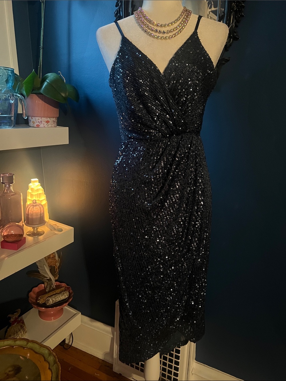 Blue Rain Blue Sequin Midi Slip Dress